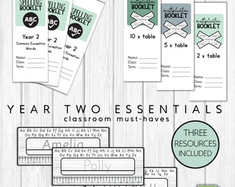 Peut inclure: Un ensemble de ressources éducatives imprimables pour les élèves de deuxième année. L'ensemble comprend trois livrets d'orthographe et trois livrets de multiplication. Les livrets d'orthographe présentent l'alphabet et les mots d'exception courants. Les livrets de multiplication présentent les tables de multiplication par 2, 5 et 10. Les ressources sont conçues pour être utilisées en classe.