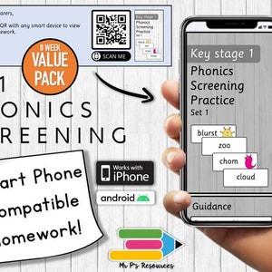 May include: A colourful digital resource for teaching phonics screening in Key Stage 1. The resource is compatible with smartphones and includes a QR code for access. The image shows a phone screen displaying the words "blurst", "zoo", "chom", and "cloud" with corresponding illustrations.