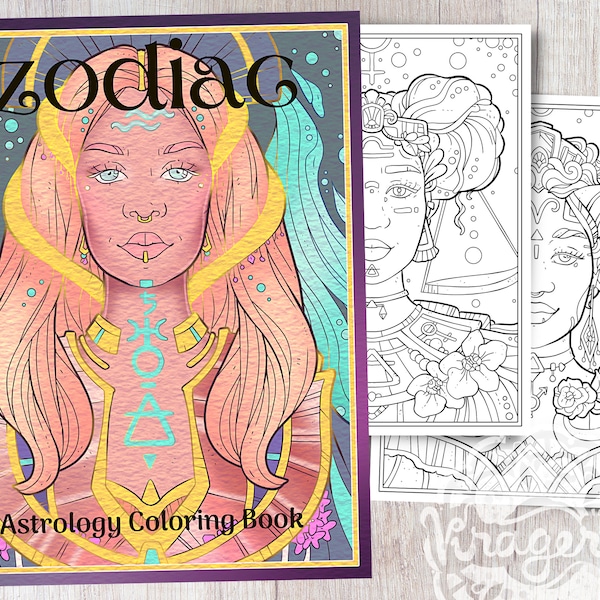 Zodiac Astrology Printable Coloring Book | PDF Coloring Pages | 12 Zodiac signs | Zodiac Female Portraits Adult Coloring Book