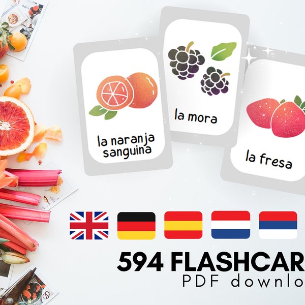 English, Spanish, German, Dutch, Serbian, Hungarian Language Learning Flashcards | PDF 3 Part Montessori Cards | Vocabulary Digital Download