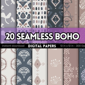 Paquete de papel digital / 20 patrones Boho sin costuras / Colores neutros / Conjunto de papel digital / Uso comercial / Imprimible / Patrones sin costuras