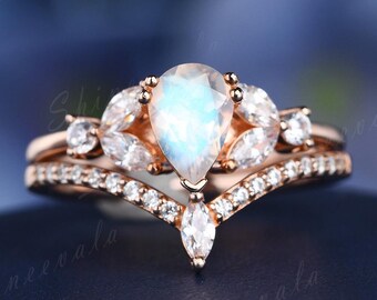 Rainbow moonstone engagement ring set rose gold cluster engagement ring gold silver wedding ring set art deco diamond chevron ring