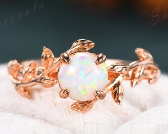 White Opal Engagement Ring Flower Rose Gold Opal Ring Vintage Vine Wedding Band Filigree Promise Bridal Jewelry Anniversary Gift
