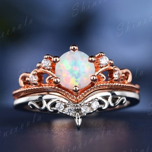 White Gold Opal Engagement Ring Set Diamond Rose Gold Wedding Ring Unique Crown Ring Gemstone Anniversary Ring Personalized Handmade