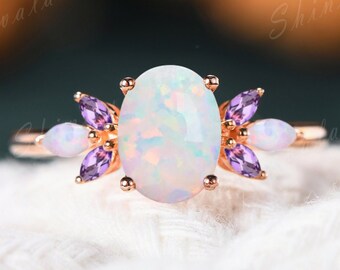 Ethiopian Fire Opal Engagement Ring Rose Gold Wedding Rings For Women Marquise Cut Amethyst Floral Band Custom Ring Handmade Jewelry