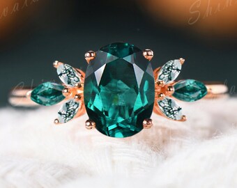 Inspired Emerald Engagement Ring, 14K Solid Gold May Birthstone Ring, Art Deco Moss Agate Wedding Band, Butterfly design rings