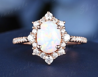 Vintage Oval White Opal Engagement Ring, Rose Gold Moissanite Wedding Ring, Minimalist Half Eternity Band, Anniversary Gemstone Ring