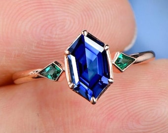 Hexagon Cut Blue Sapphire Ring Blue Rose Gold Kite Cut Emerald Wedding Ring Unique Gemstone Engagement Ring Bezel Set Custom Jewelry