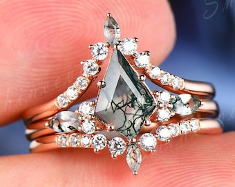 Elegant Moss Agate Ring Set Unique Aquatic Moss Agate Engagement Ring Set Solid Rose Gold Cluster Engagement Ring Set Wedding Ring For Women