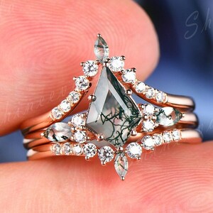 Elegant Moss Agate Ring Set Unique Aquatic Moss Agate Engagement Ring Set Solid Rose Gold Cluster Engagement Ring Set Wedding Ring For Women