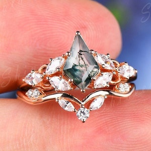 Kite cut green moss agate engagement ring set gold silver marquise cut diamond ring women unique wedding ring set birthstone ring jewelry