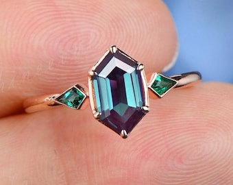 Hexagon Engagement Ring Alexandrite Wedding Ring Unique Rose Gold Silver Ring Art Deco Kite Emerald Band Gift For Her