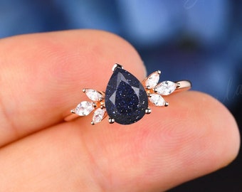 Galaxy Sandstone Ring, Blue Goldstone Moissanite Engagement Ring, Nebula Sterling Silver Ring, Solid 14k Rose Gold Promise Ring, Bridal Ring
