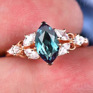 Marquise cut alexandrite rose gold wedding ring women moissanite art deco engagement ring unique June birthstone promise rings for her