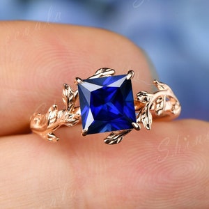 Princess cut sapphire engagement ring gold silver twig vine wedding ring for women inspired gemstone bridal ring gift personalized jewelry