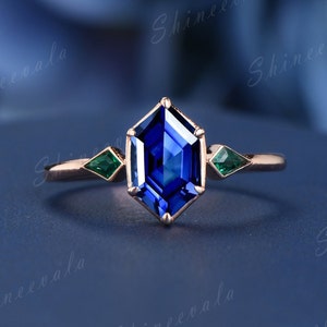 Hexagon Sapphire Ring, Blue Sapphire Gold Ring, Kite Cut Emerald Wedding Ring, Unique Engagement Ring, Sterling Silver Bezel Set Gemstone