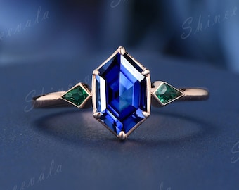 Hexagon Sapphire Ring, Blue Sapphire Gold Ring, Kite Cut Emerald Wedding Ring, Unique Engagement Ring, Sterling Silver Bezel Set Gemstone