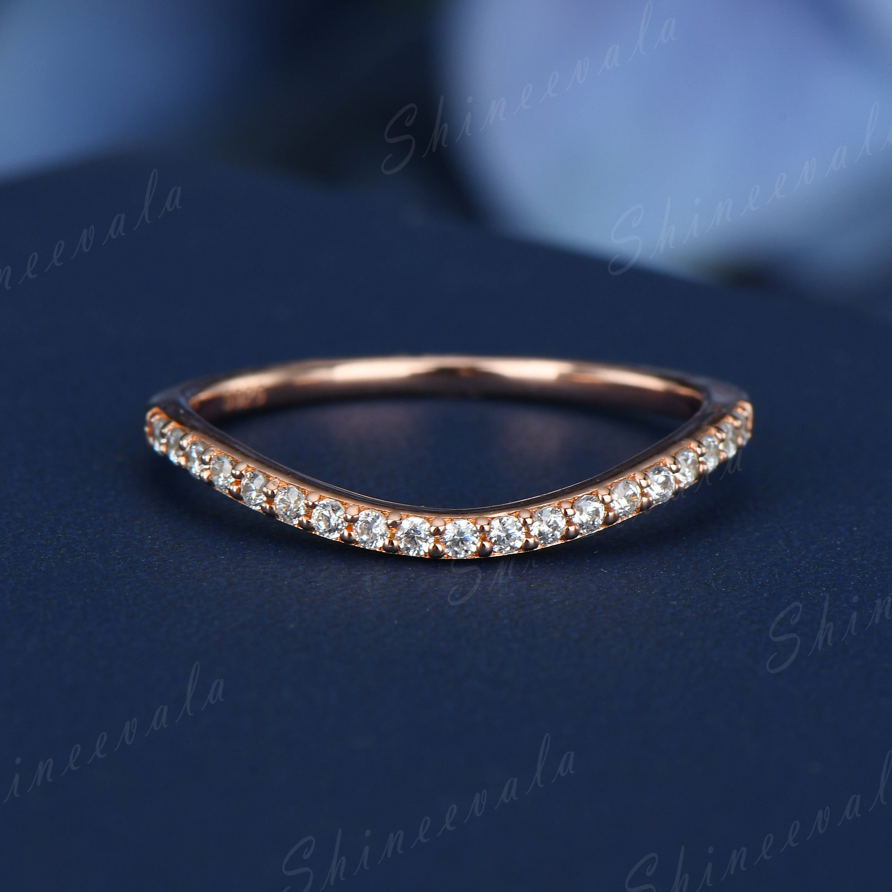 Curved Wedding Band Diamond Wedding Band Half Eternity Band 14K Rose Gold Ring Minimalist Stackable Matching Band Anniversary Ring Gift