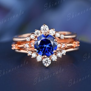 Rose Gold Blue Sapphire Engagement Ring Set: Diamond Wedding Bands