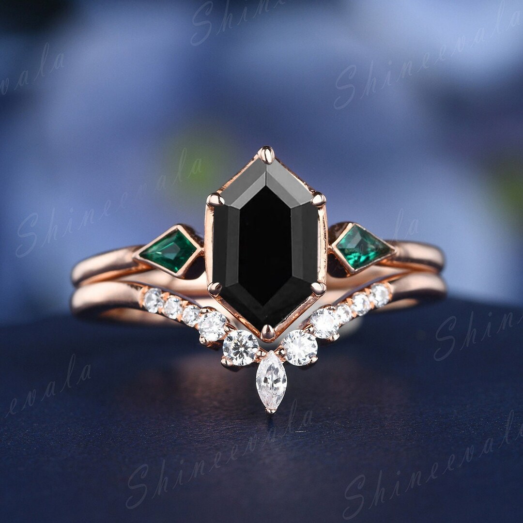Black Onyx Ring Set, Genuine Onyx Engagement Ring, Hexagon Cut
