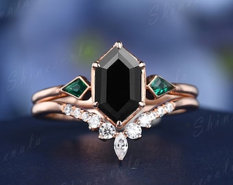 Black Onyx Ring Set, Genuine Onyx Engagement Ring, Hexagon Cut