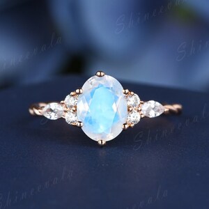 Unique Oval Moonstone Engagement Ring Rose gold Women Ring Blue Moonstone Art Deco Bridal Ring Promise Ring Anniversary Gift Ring