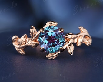 Vintage floral alexandrite ring engagement rose gold vermeil flower ring unique leaf ring bridal wedding rings