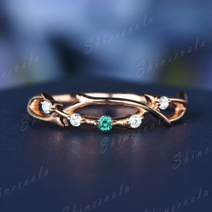 Emerald Diamond Wedding Band Gold Silver Diamond Unique Wedding Ring Floral Leaf Design Vine Ring Personalized Ring For Her