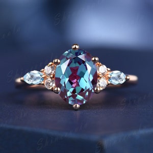 Alexandrite gold ring, sterling silver engagement ring, aquamarine diamond band, unique personalized wedding ring for women, birthstone ring