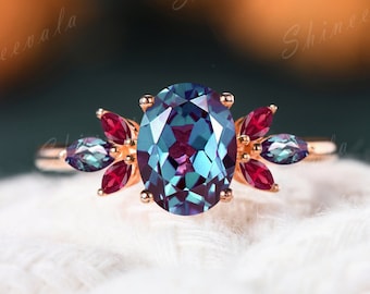 Vintage Alexandrite Engagement Ring 14k Rose Gold Vermeil Engagement Ring June Birthstone Ring Ruby Statement Ring Special Gift For Her