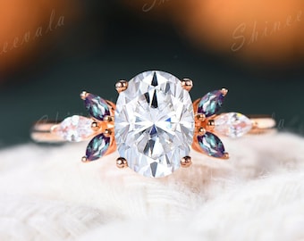 Oval cut moissanite engagement ring art deco rose gold Alexandrite ring for women unique cluster wedding ring anniversary gift for women