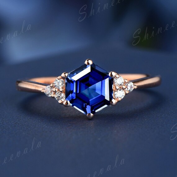 Sapphire Diamond Cluster Engagement Ring 925 Sterling Silver Eternity Promise Ring For Her Hexagon Ring September Birthstone Jewelry Custom