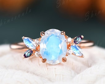 Oval Moonstone Engagement Ring 10k Rose Gold Ring Vintage Marquise Cut Moonstone Alexandrite Art Deco Band Gemstone Solitaire Ring