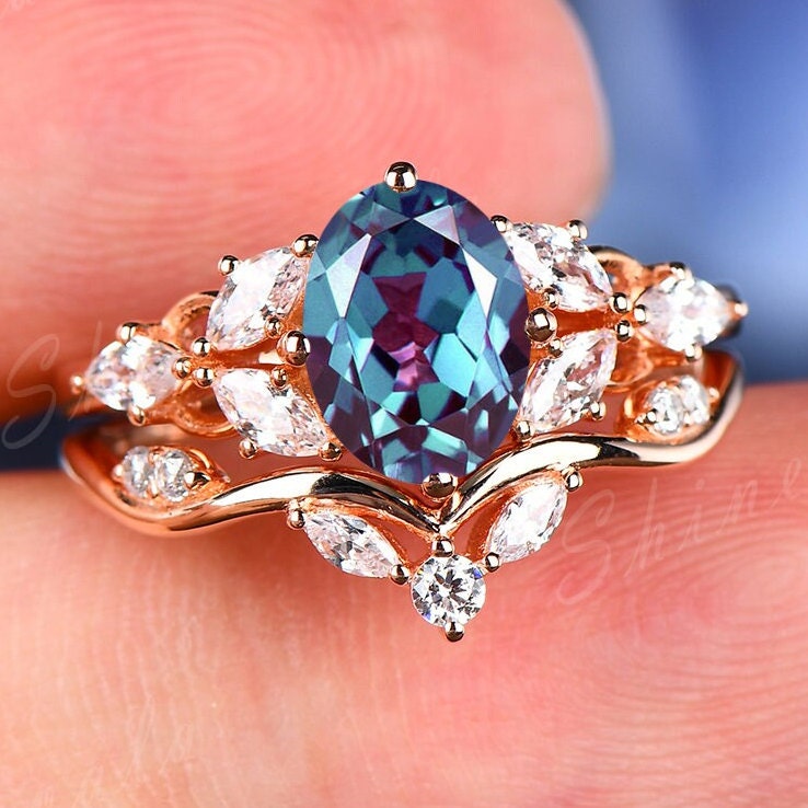 shop purchase Alexandrite Engagement Ring Set Curved Stackable