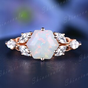 Hexagon opal ring sterling silver wedding ring for women dainty engagement ring white fire opal floral diamond band handmade