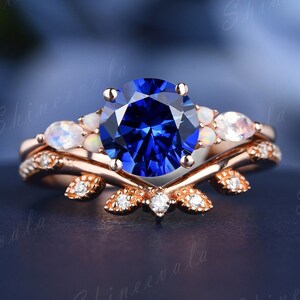 Vintage blue sapphire engagement ring set art deco rose gold ring curved crown diamond ring unique milgrain wedding ring set for women