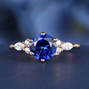 Antique Sapphire Ring, Rose Gold Blue Sapphire Engagement Ring, Cluster Diamond Ring, September Birthstone Ring, Promise Ring for Her