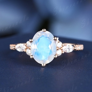 Oval Blue Moonstone Ring Vintage Art Deco Engagement Ring Seven Stones Moonstone Diamond Bridal Ring June Birthstone Wedding Ring Women