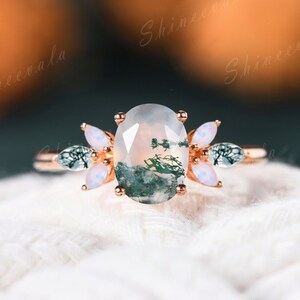 Natural moss agate engagement ring, 925 sterling silver wedding ring for women, marquise art deco ring, Inspired white opal Ring Handmade