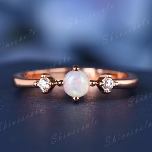 Minimalist Opal Engagement Ring Women Opal Rose Gold Ring Diamond Three Stones Wedding Ring Bridal Anniversary Gift