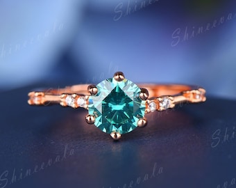 Teal green moissanite engagement ring solid 14k rose gold wedding ring solitaire engagement ring women minimalist diamond band promise ring