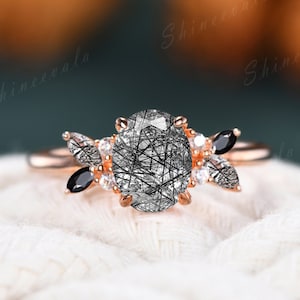 Unique Black Rutilated Quartz Ring, 10k Rose Gold Engagement Ring, Art Deco Black Onyx Cluster Ring, Floral Dainty Band, Valentine Gift