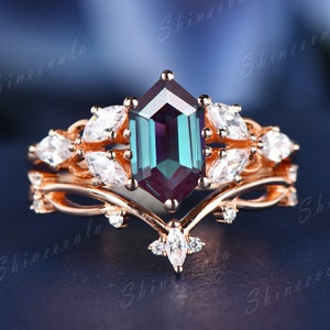 Long hexagon alexandrite engagement ring set rose gold women wedding ring art deco diamond matching band handmade birthstone jewelry