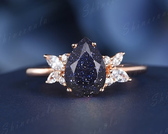 Blue Sandstone Ring, Sterling Silver Ring, Pear Shaped Blue Sandstone Moissanite Wedding Ring, Teardrop Galaxy Gemstone Marquise Diamond