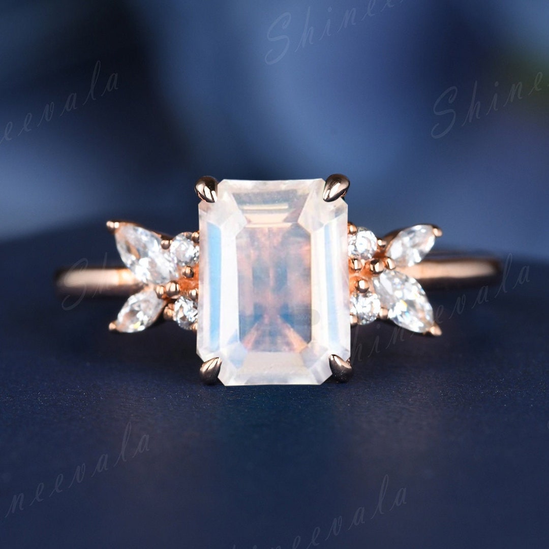 Emerald Cut Moonstone Engagement Ring Gold Silver Vine Engagement Ring