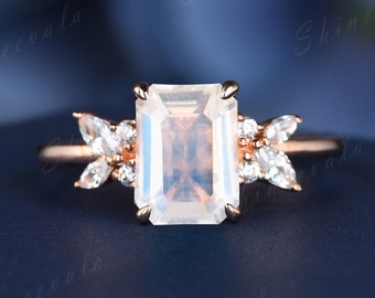 Emerald Cut Moonstone Engagement Ring 925 Sterling Silver Vine Ring Butterfly Design Diamond Ring Flower Moonstone Wedding Ring