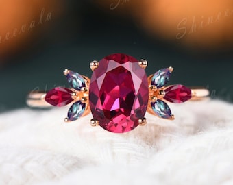 Floral Ruby Ring For Women Rose Gold Cluster Engagement Ring Marquise Alexandrite Ring Dainty Bridal Jewelry Birthday Gift For Her