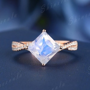 Princess Cut Moonstone Ring Unique Engagement Rose Gold Ring June Birthstone Prongs Set Ring Diamond Eternity Twisted Band