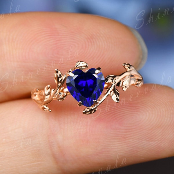 Heart Shaped Blue Sapphire For Women Unique Vine Wedding Band Sterling Silver Gold Ring Promise Rings For Her September Birthstone Jewelry