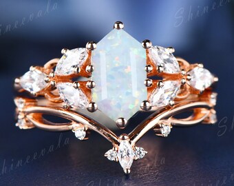 Inspired Opal Engagement Ring For Women 18k Gold Gemstone Wedding Set Curved Diamond Wedding Band Unique Stacking Rings October Birthstone